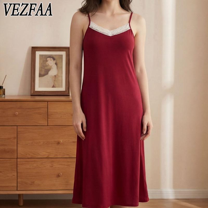 VEZFAA Women's Fashion Spring Summer Solid Color Print Sleeveless V‑Neck Loose Casual Nightgown