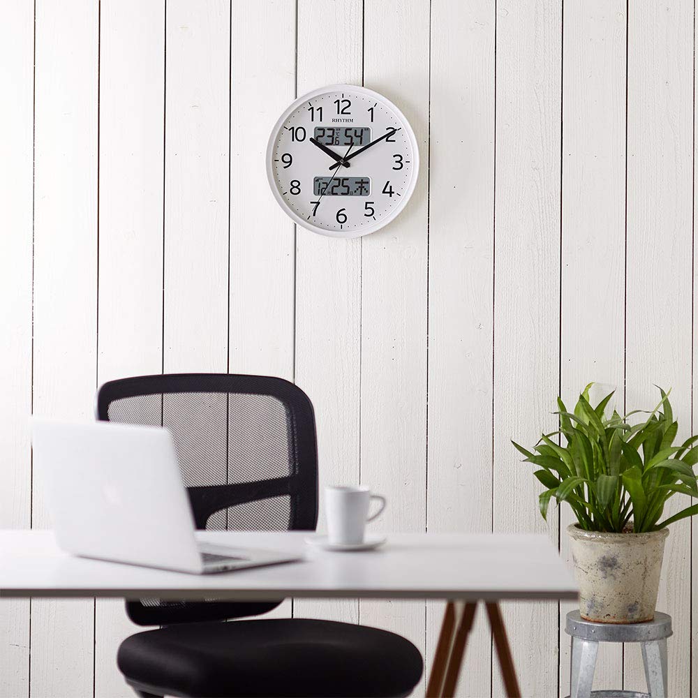 RHYTHM Wall Clock Radio Clock Analog Continuous Second Hand Temperature Humidity Calendar White 8FYA03SR03 35x5.3cm