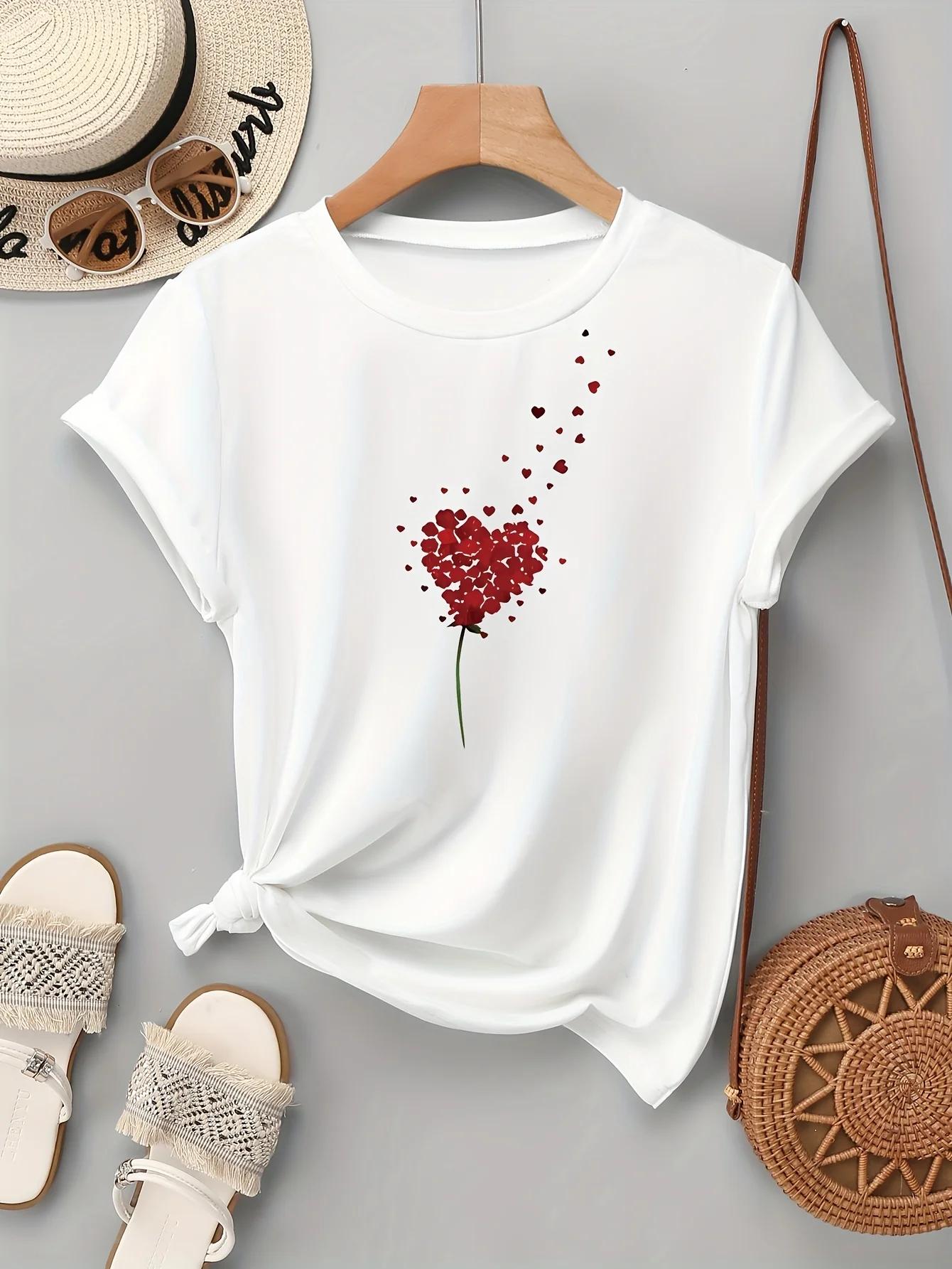 Summer Casual Attire Women s Heart Dandelion Print T-Shirt Short Sleeve Round Neck Woman Fashion Top Tshirt Clothing S