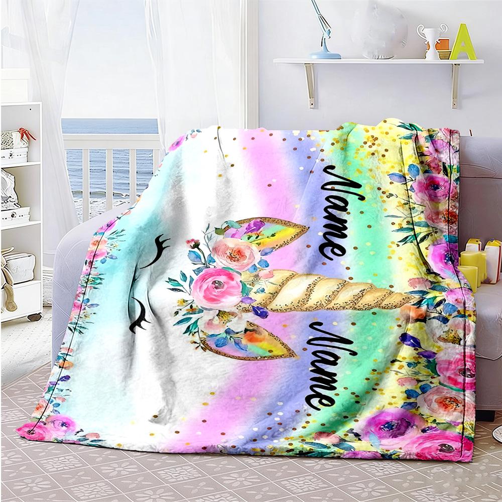 Floral Unicorn Customize Text Blanket Gift Customizable Blanket Soft & Cozy Versatile for Seaside Bedding Sofa Picnics for All Occasions