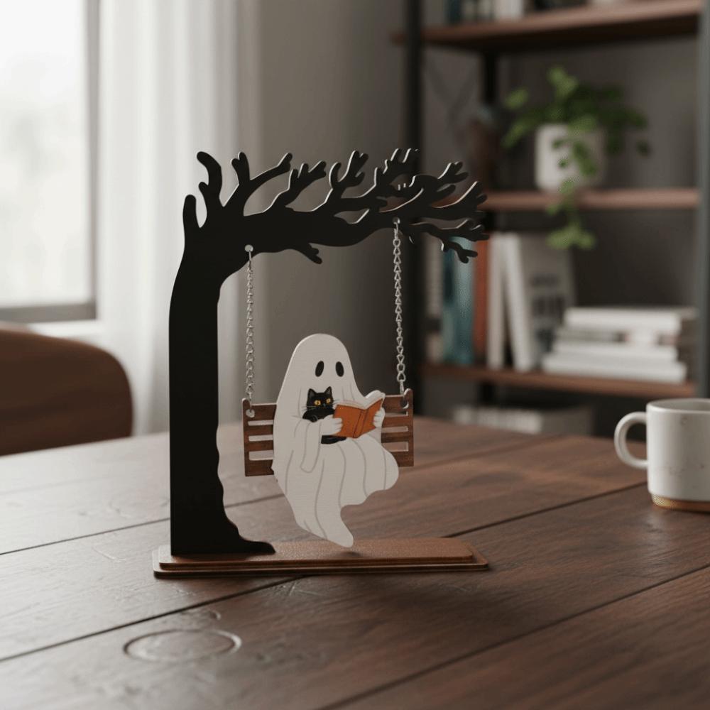Freestanding Wooden Halloween Crafts Laser-cut Cat Reading Figurine Cat Owners