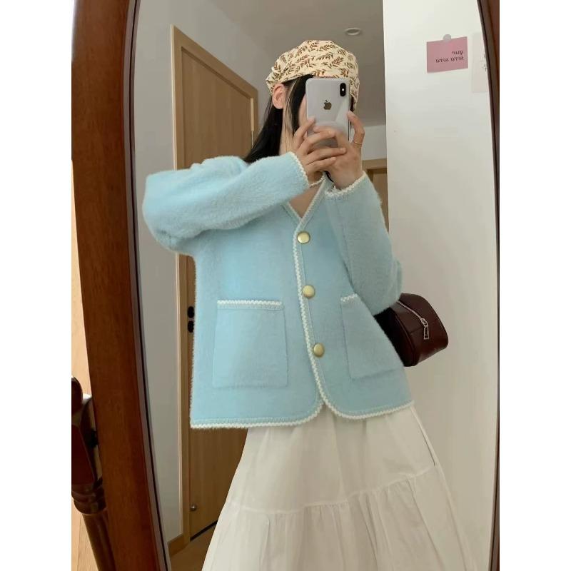 

Small fresh imitation mink sweater top women s long-sleeved short loose new spring autumn and winter knitted cardigan jacket One size синий
