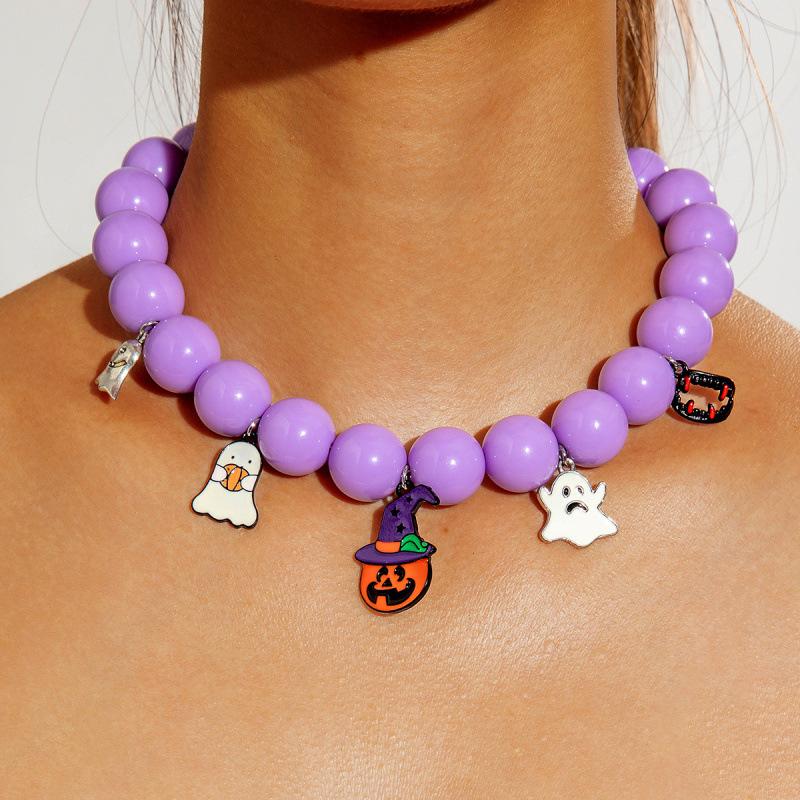 Accessories, Halloween creative pumpkin colored ghost necklace, funny beaded acrylic necklace for women