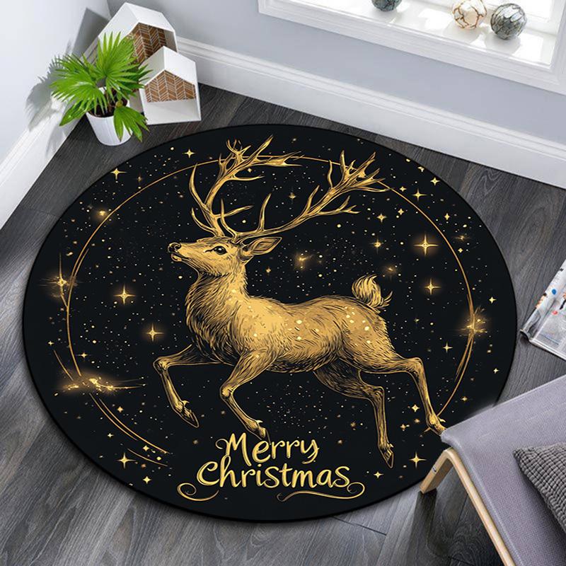 Golden Deer Round Area Rug,Carpet Rug for Living Room Bedroom Sofa Playroom Decor,Non-slip Floor Mat