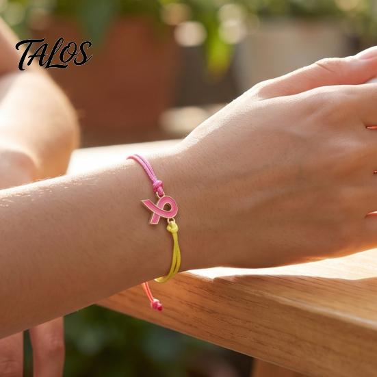 Braided Rope Wristband 2 Pcs Breast Cancer Awareness Bracelets, Adjustable String Comfortable Daily Wear Jewelry Bracelets with Ribbon Charm,