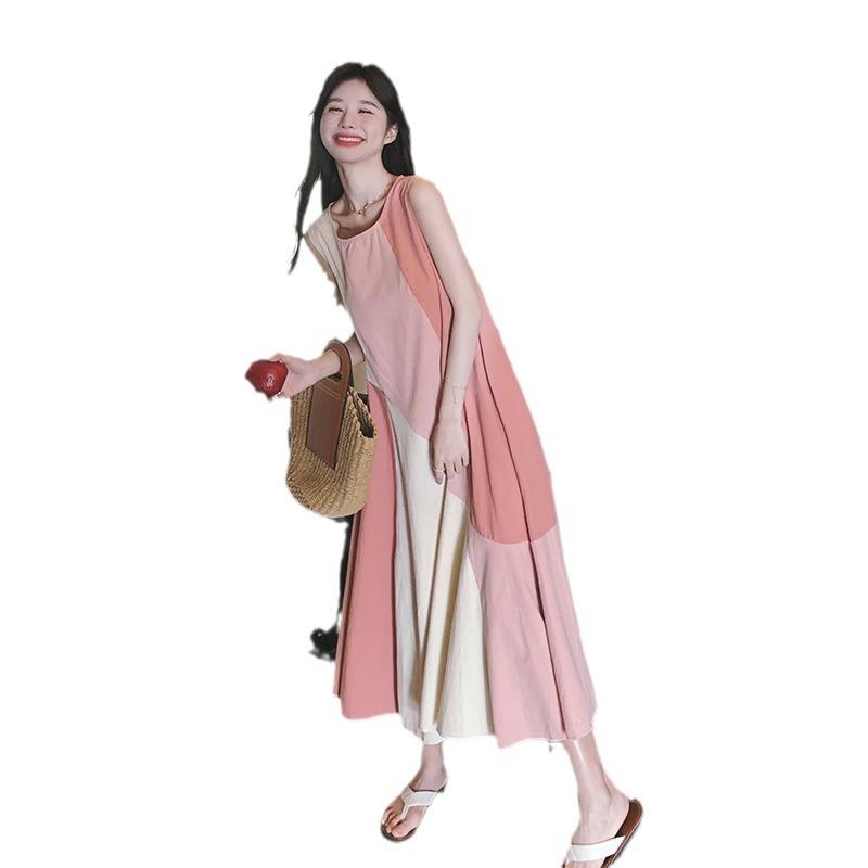 Real Shot Pink Splicing Big Skirt Dress Women's Summer New Holiday Style Super Good-looking Temperament Thin Vest Long Dress
