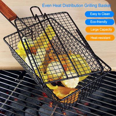 Grilling Nonstick Grill Basket with Lid Metal Barbecue Basket with Foldable Removeable Wooden