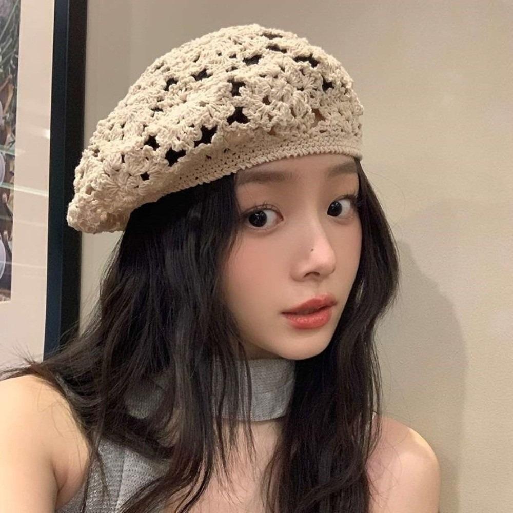 Japanese Style Flower Hat Breathable Crochet Knitted Cap Brimless Hollowed Out Beret  Holiday