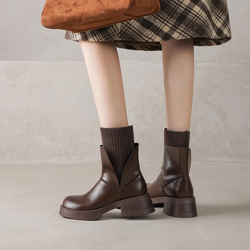 Fashion 2025 NEW Autumn/Winter Women Boots Round Toe Med Heel Chelsea Boots Split Leather Shoes for Women Retro Ankle Boots Modern
