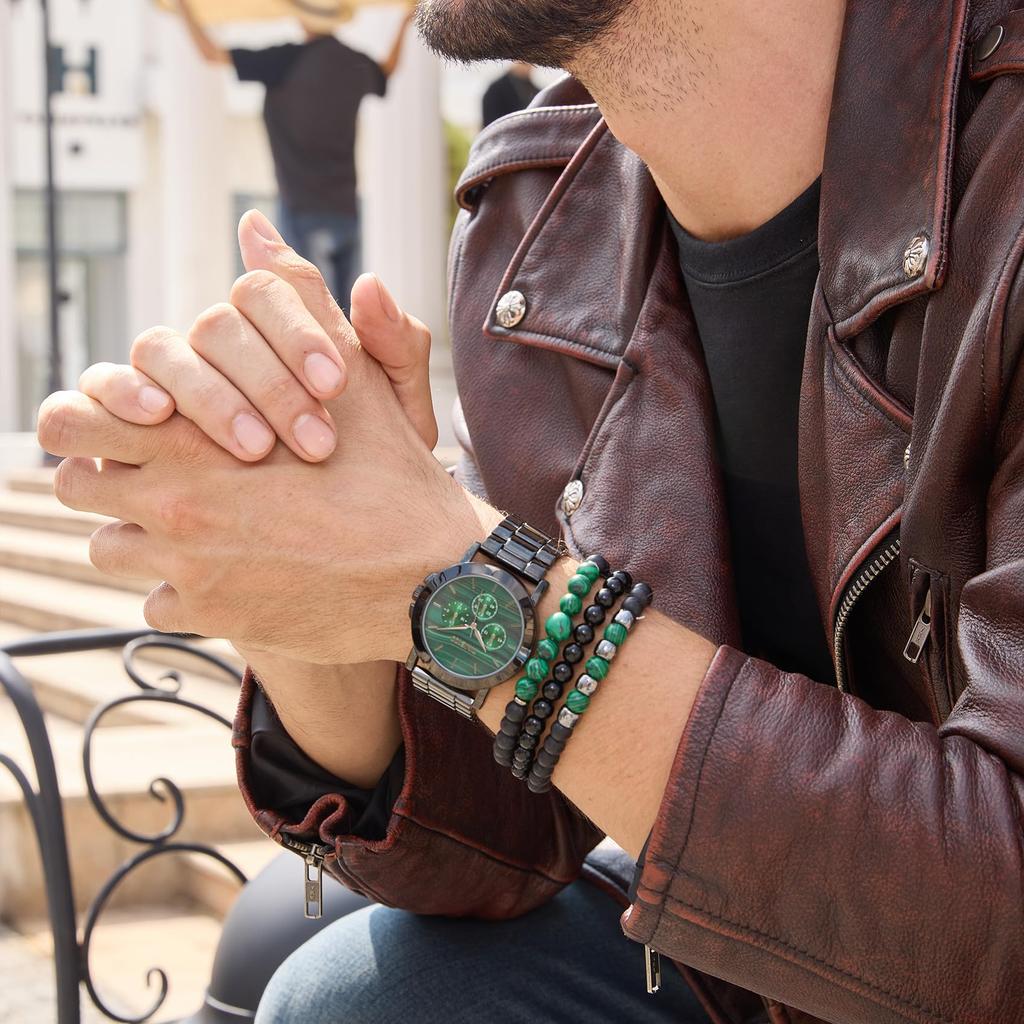 [TIME100] Gift Set: Men's Watch and Bracelet, Gift Wrapping (Green)