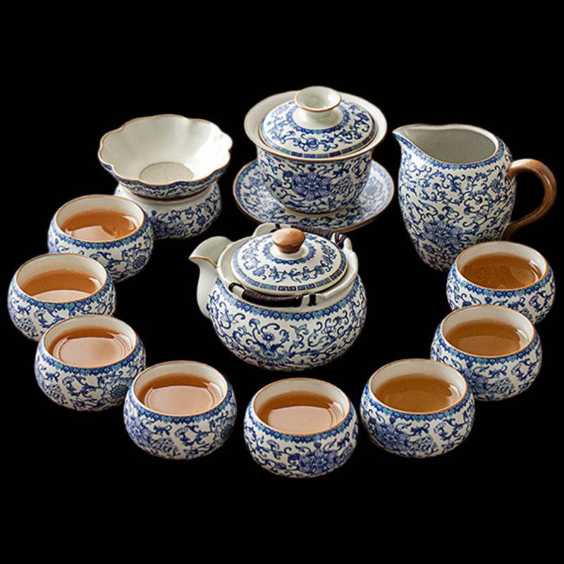 Wo Ding Blue & White Ru Kiln 12-Piece Tea Set with Evergreen Pot