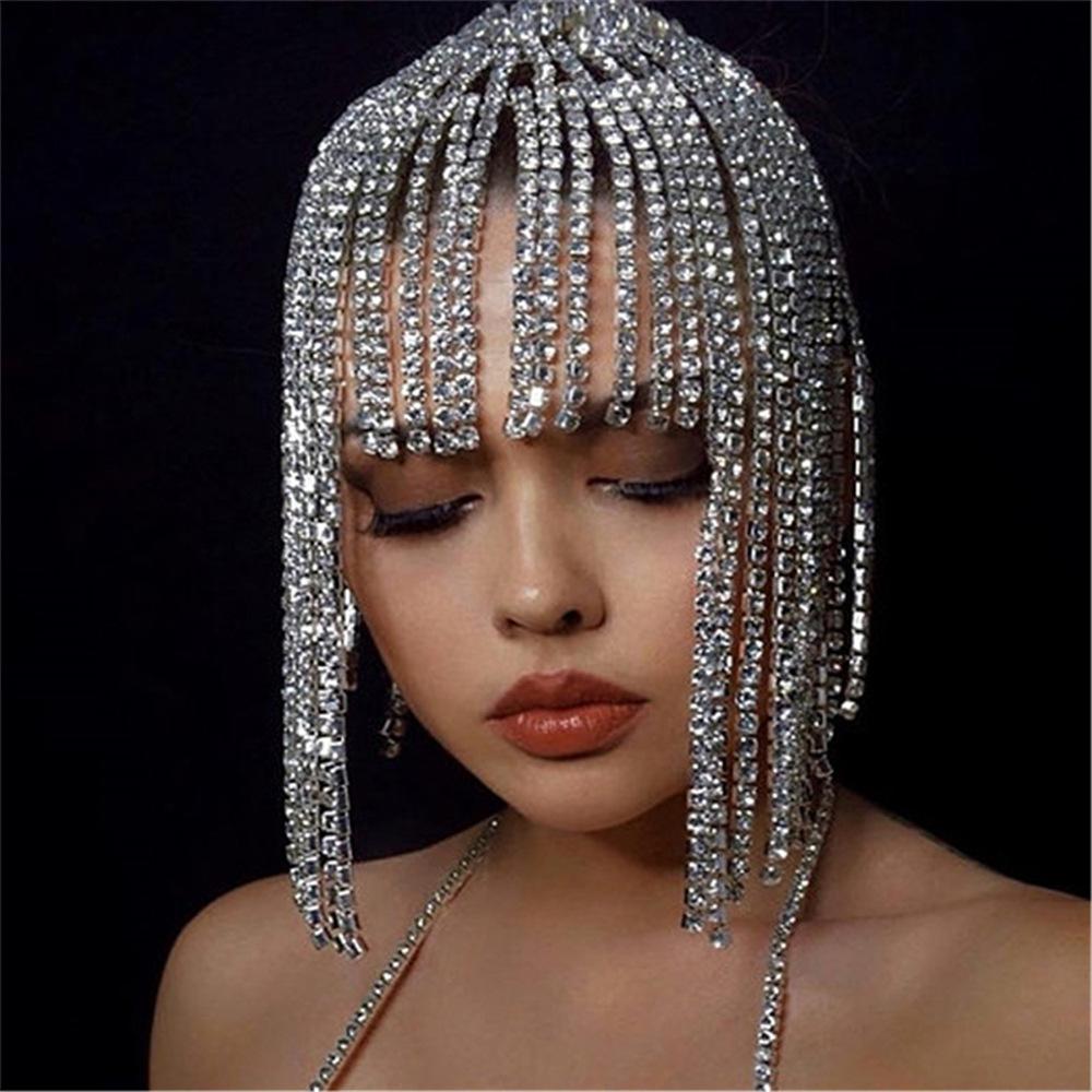 Cross-Border European and American Ornament Full Long Flow Su Hair Chain Ladies Forehead Lace Shiny Rhinestone Headdress