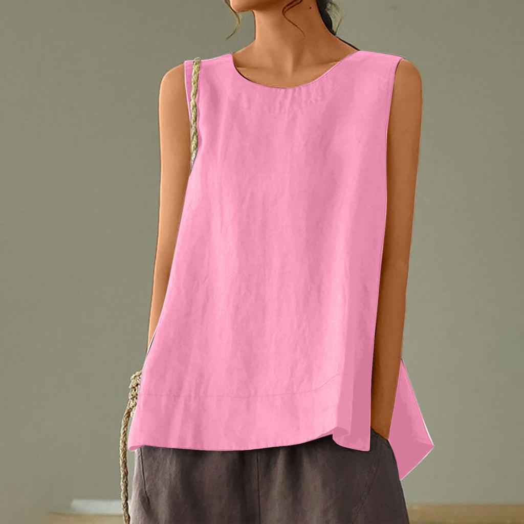 Female Summer Oversized Solid Color Retro Casual Cotton Linen Solid Color Sleeveless Round Neck Soft and Breathable Top Vest
