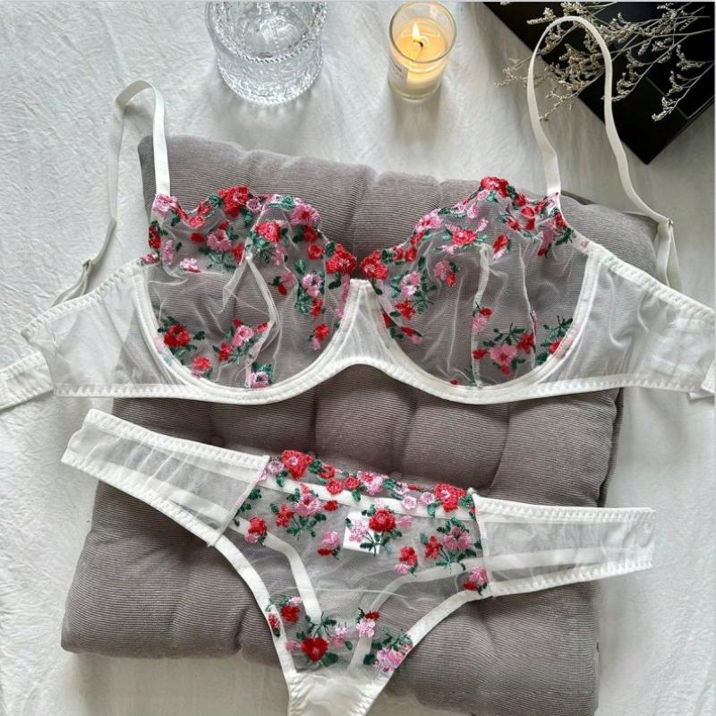 Dámská sexy krajková květinová souprava podprsenky Jednovrstvá podprsenka s kosticemi Tanga Bikini Lingerie Set