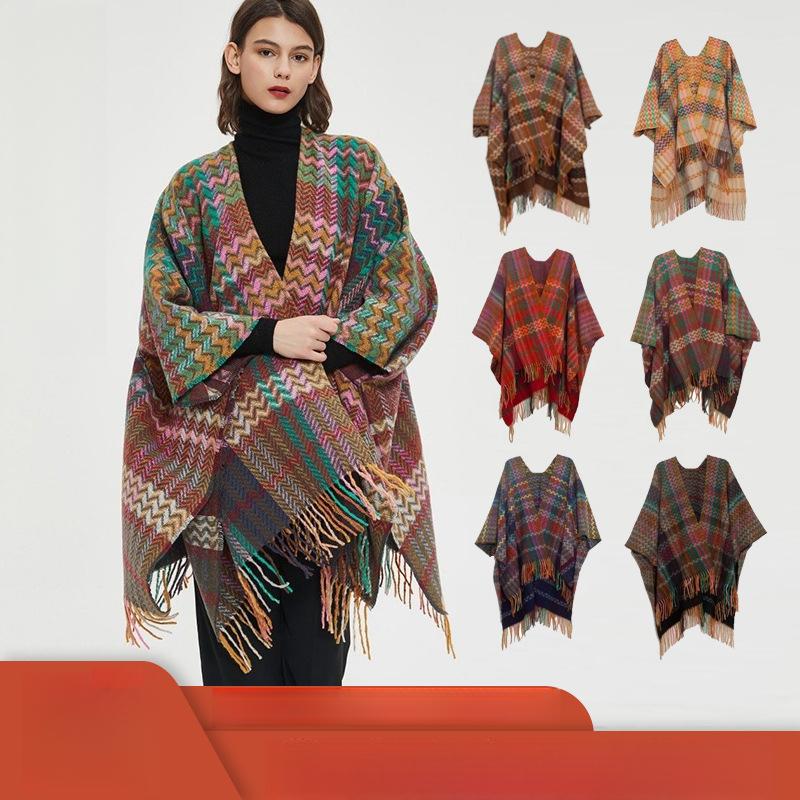 Knit Shawl Wrap for Women, Ladies Knitted Kimono with Fringe for Fall Winter, blanket shawl