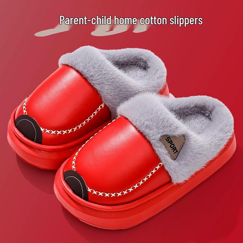 Warme rutschfeste Baumwoll-Hausschuhe für Kinder und Erwachsene mit PU-Leder, weicher Sohle und Plüschfutter für Zuhause.