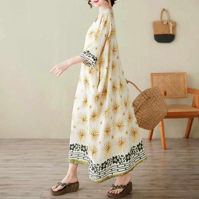Plus Size Summer Dress for Women Loose Vintage Short Sleeve O Neck Casual Oversized Flower Print Holiday Beach Dresses