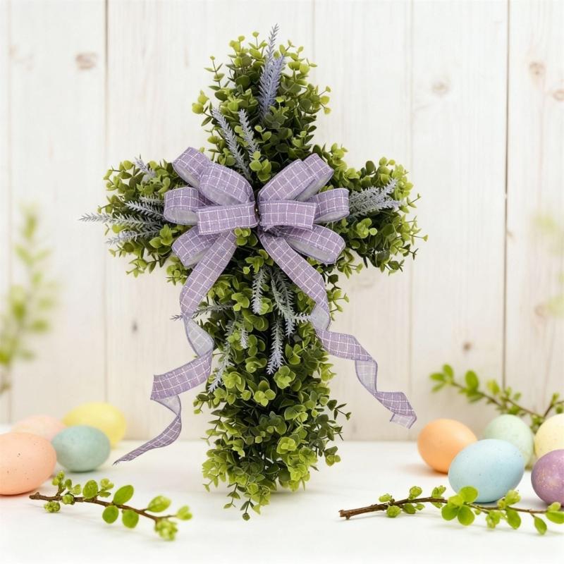 Crossed Shape Easter Wreath with Big Bowknot Plastic Artifical Wreath Hanging Decoration for Door Holiday Decoration