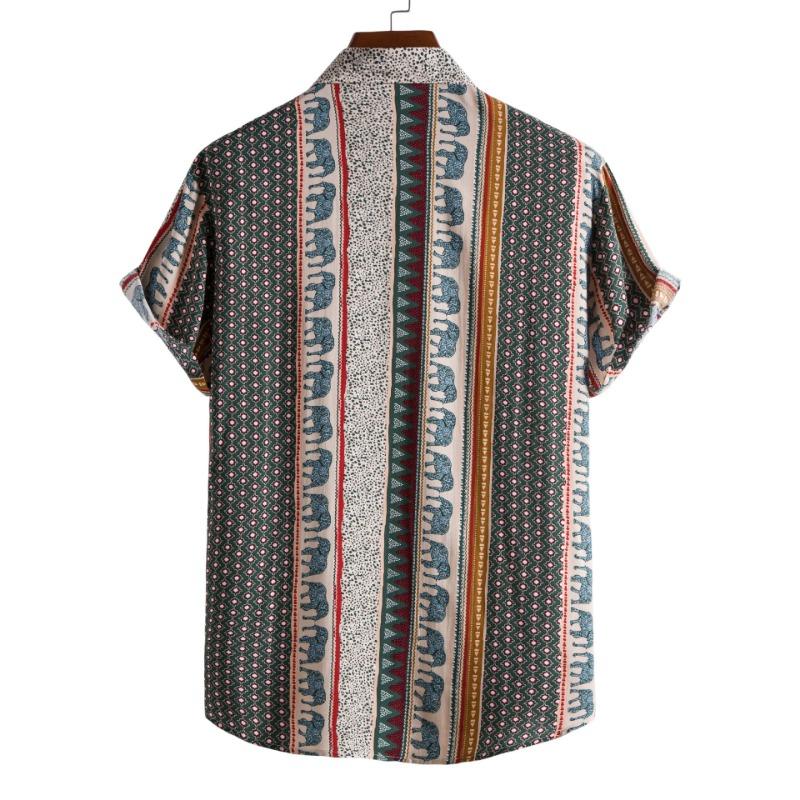 Men Ethnic Geometric Elephant Print Turn Down Collar Short Sleeve Casual Button Up Shirt