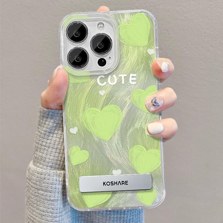 Applicable To Apple 15 Mobile Phone Case Iphone14pro Smudge Green Love Stand 13 Large Hole Transparent Soft Edge 8