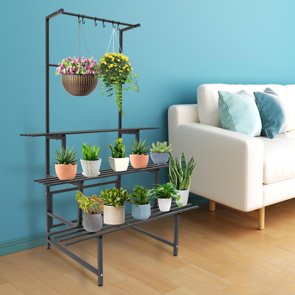 3 Tier Tall Plant Stand with Hanging Rods, 100cm Multi-Level Flower Shelf, Sturdy Metal Plant Holder for Indoor Outdoor Garden