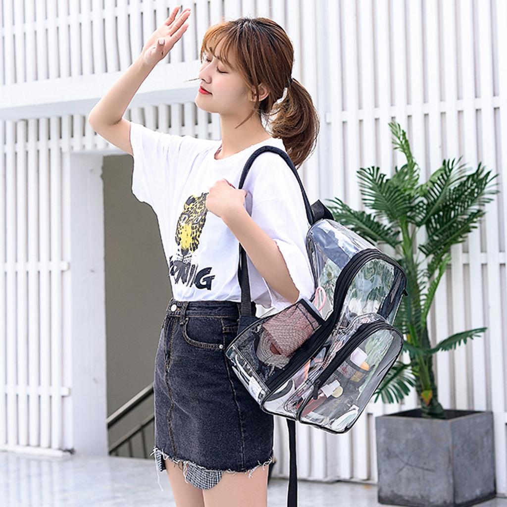 See Through Clear PVC Backpack Transparent Bookbag for Work Concert Security Travel 2 Mesh Side Pockets