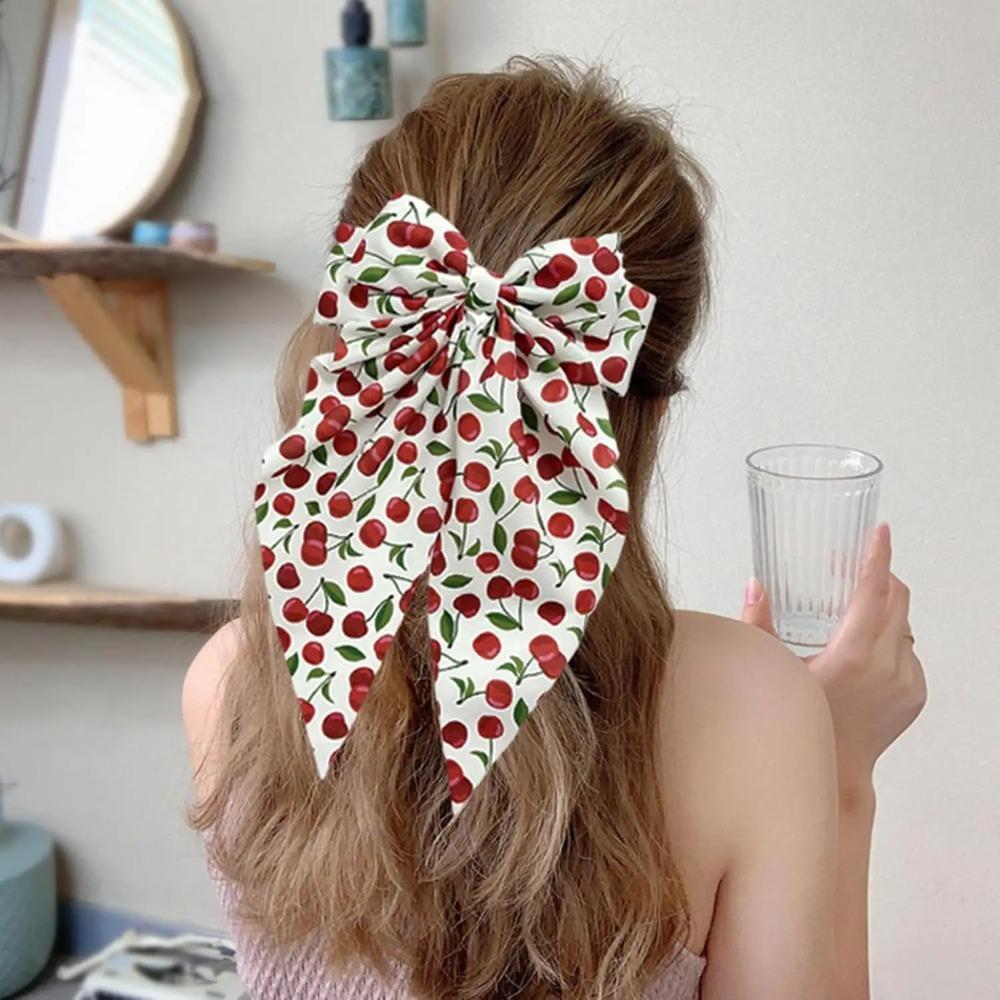 Double Layer Bow Spring Hair Clip Cherry Print Ponytail Hairpin Long Ribbon Fabric Hair Clip Girls Sweet Elegant Accessories New