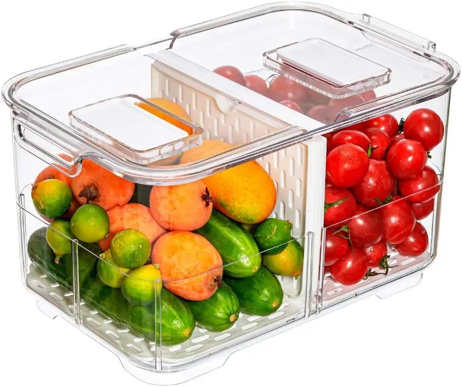 Food  Containers Fridge Produce Saver, Stackable Refrigerator Organizer  Foldable lid with Removable Drain Tray for Produce, Fru