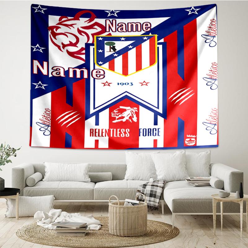Custom Name Atlético Madrid Print Tapestry, Backdrop, Easy Setup, Ideal for Bedroom, Office & Living Room, with Aesthetic Wall Hanging Decor.