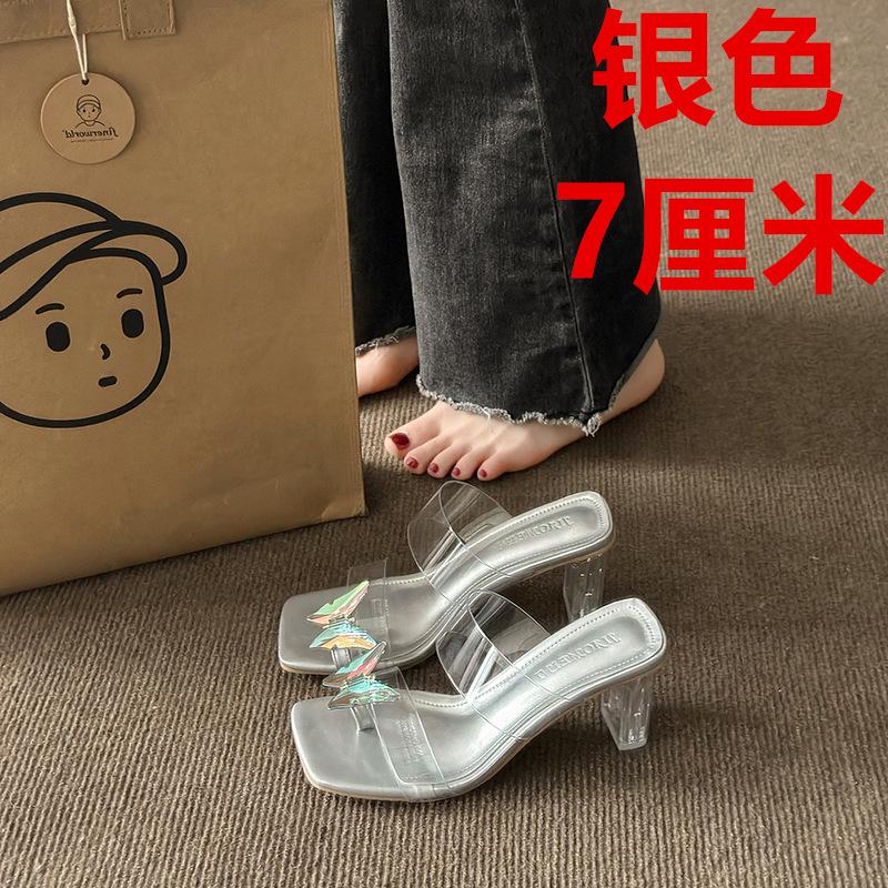 Fairy Wind Transparent Crystal Thick Heel Outer Slippers 2025 Summer New Bow Square Toe One-word Sandals