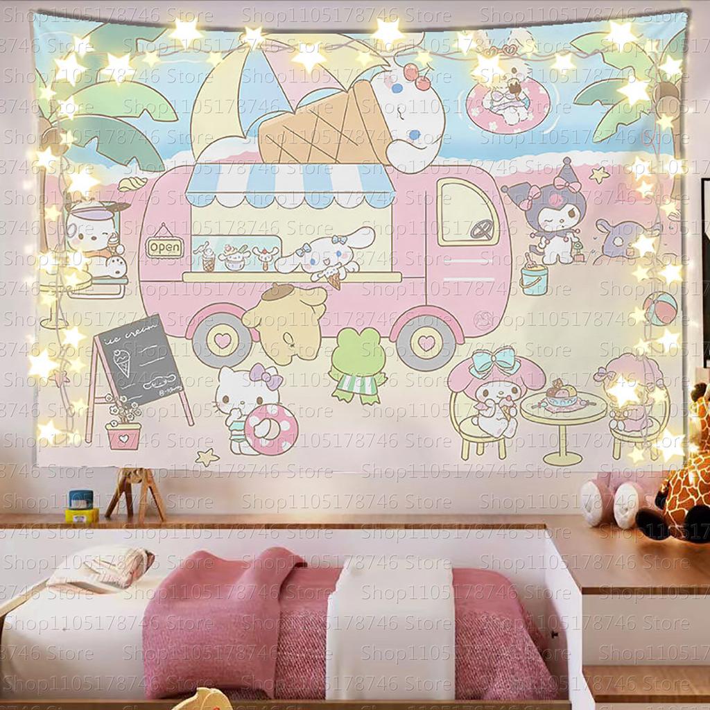 Sanrio Mikko Cute Cartoon Background Cloth Ins Style Room Decoration Tapestry Dormitory Rental Room Decoration Hanging Cloth