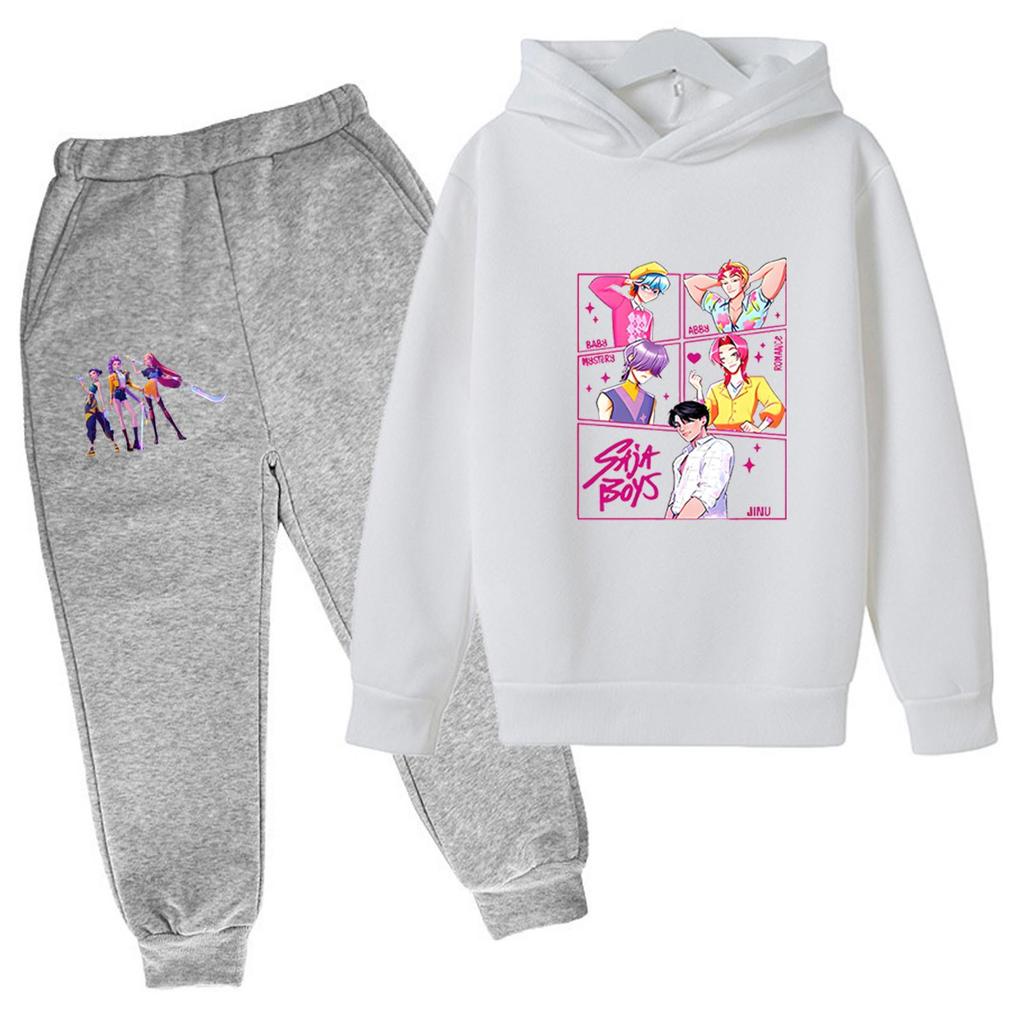 Winter Boy And Girls Color Long Sleeved Hooded Sweatshirt Two Piece Set Of Top And Pants