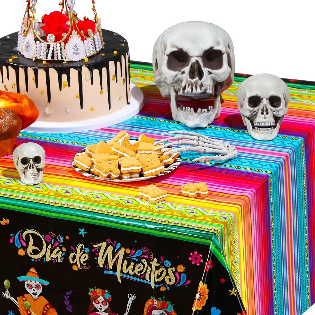 3 Pieces Day of The Dead Tablecloth Dia De Los Muertos Table Cover Halloween Sugar Skull Floral Table Cover Mexican Fiesta Plastic Tablecloth for