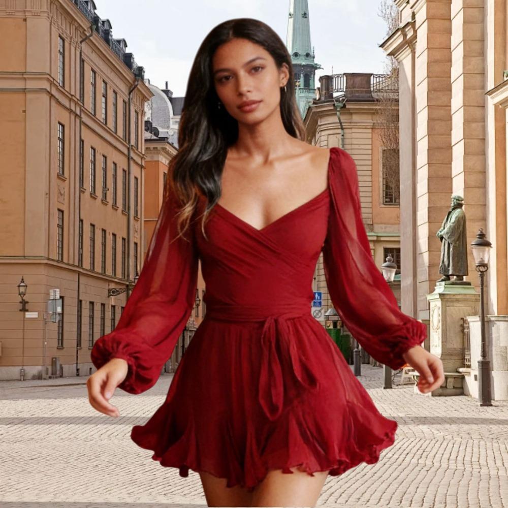 Spot European and American spring and summer sexy v-neck vacation dress hollow long sleeve strap halter skirt women's clothing