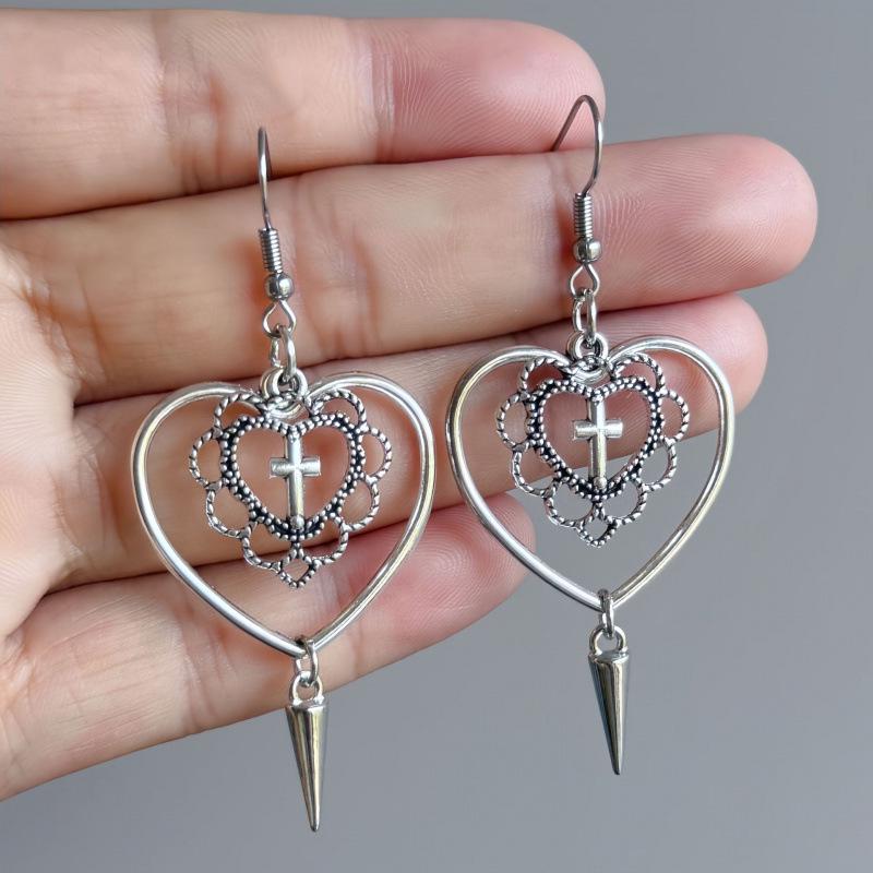 Harajuku Dark Style Retro Heart Cross Tassel Earrings for Women