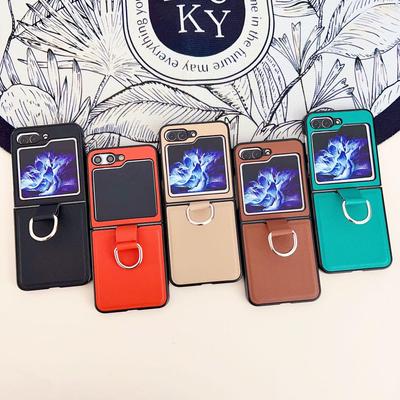 Samsung Z Flip 7/6/5 Lederstrukturierte Hülle mit Ring - Modische einfarbige Schutzhülle
