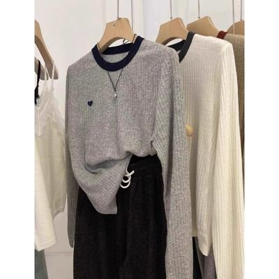 Spring, Autumn and Winter New Color Matching Crew Neck Long Sleeve Bottom Shirt Women's Loose and Skinny Love Embroidered Sweater Inside