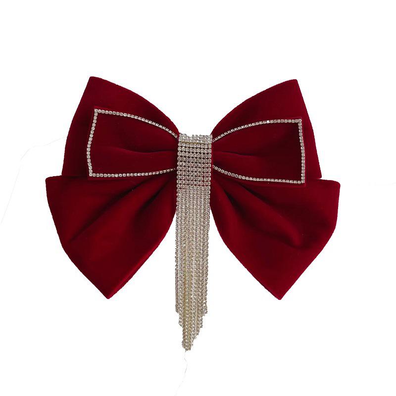 Korean Velvet Rhinestone Bow Tassel Hair Clip for Brides