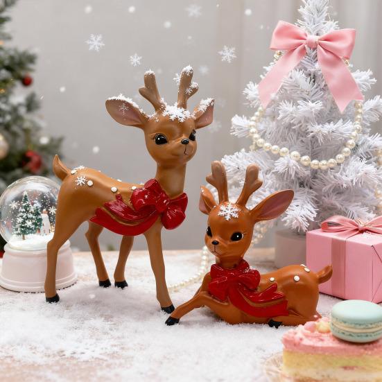 Vintage Spotted Deer Ornament Resin Sika Deer Figurine with Red Bow Cute Deer Statue