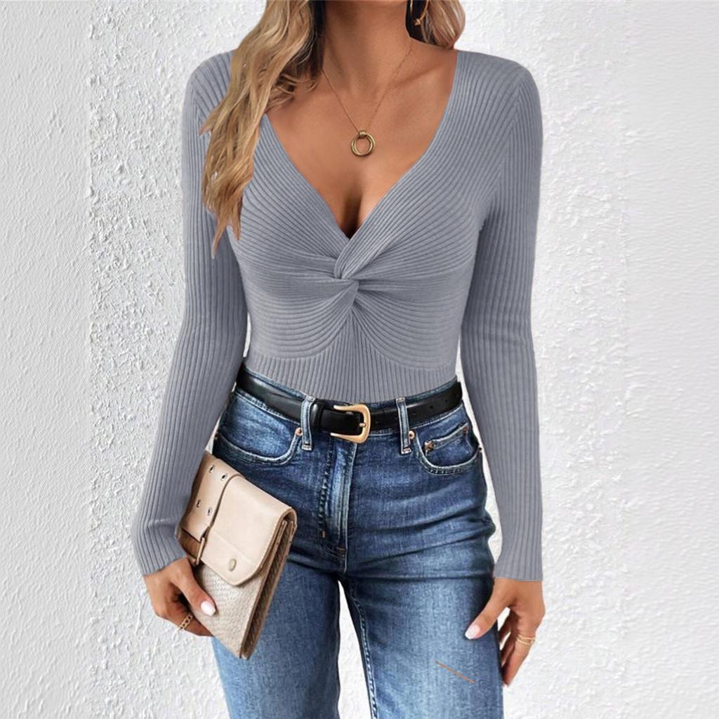 Women V Neck Twist Knot Knit Sweater Long Sleeve Slim Fit Casual Pullover Top Stretchy Soft Fabric