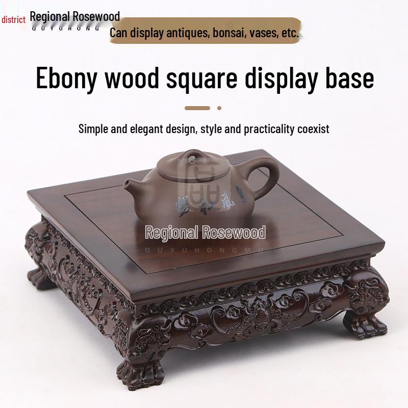 Ebony Rosewood Jade Bonsai Buddha Vase Base - Carved Solid Wood Ornament Stand