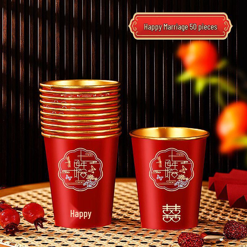 Luxurious Gold Thickened Disposable Wedding Cups - Elegant Red Tea Cups for Banquets & Household Use