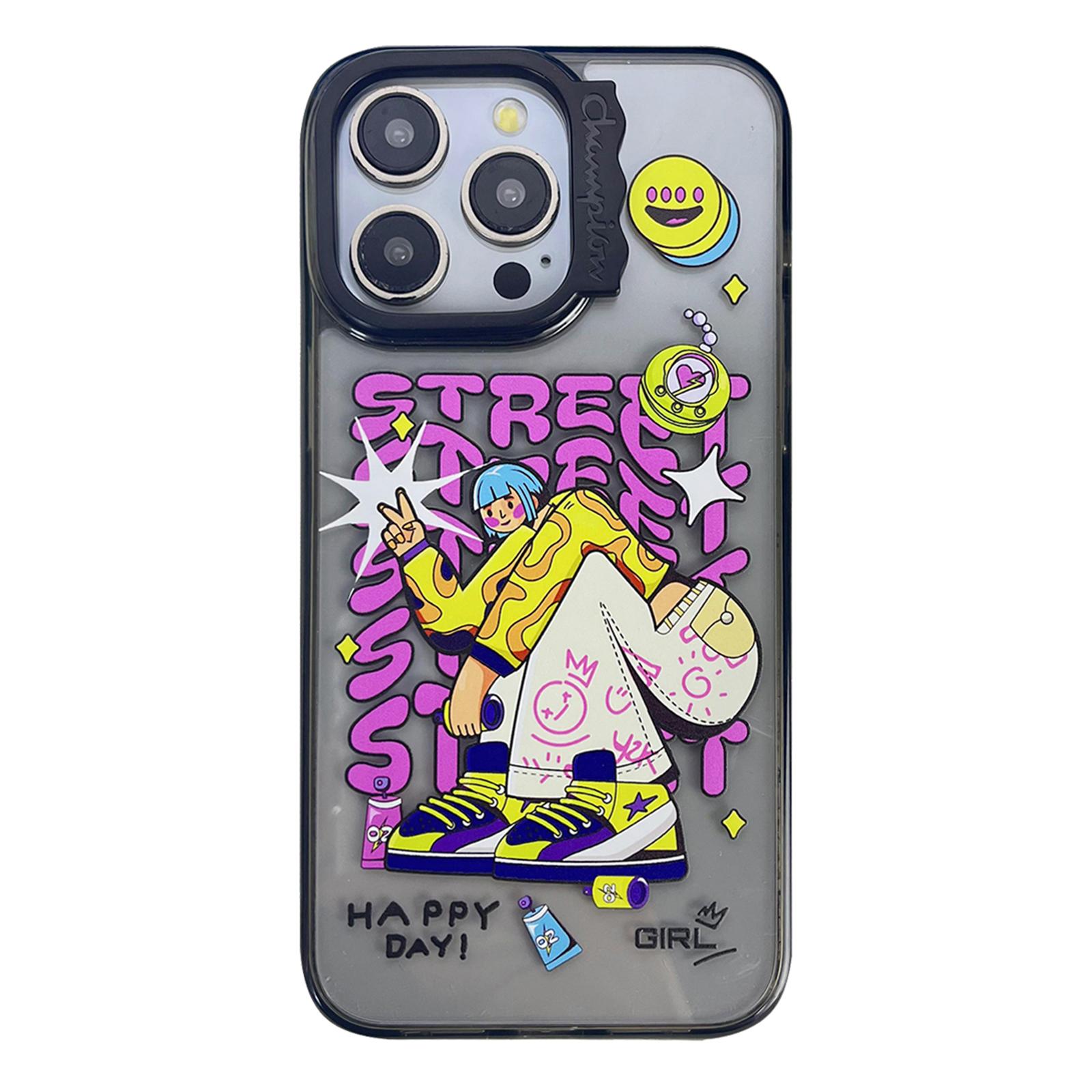 

For iPhone 13 Pro Max Case Pattern Design PC+TPU Phone Cover Curly Lens Frame Shape Happy Day