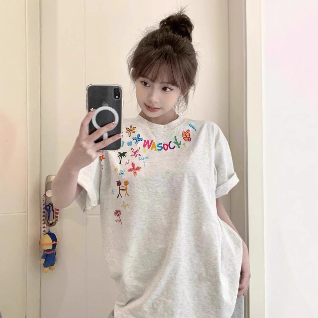 Women's Round Neck Short Sleeve Cotton T-Shirt Loose Fit Cute Floral Print Casual Summer Top