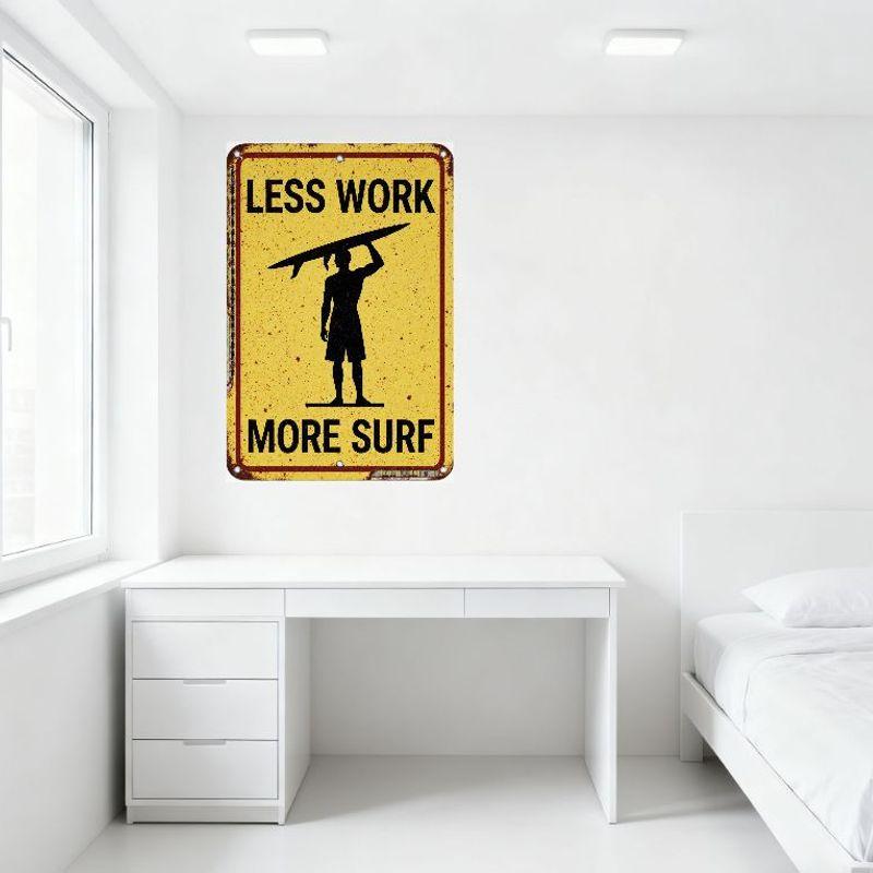 Vintage Surf Metal Tin Sign, Less Work More Surf Motivational Plaque with Rusty Wear, Black Silhouette Design, Yellow Background
