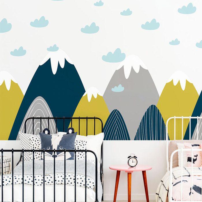 Stickers muraux enfants - Décoration chambre bébé - Autocollant Sticker mural géant enfant montagnes scandinaves DONKA - 80x120cm