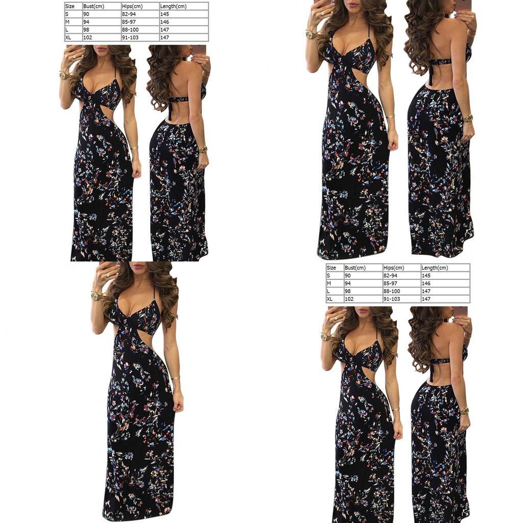 Damen Sexy Schwarzes Floral Maxikleid Mit Cut-Out Design Perfekt Für Boho Strandurlaube
