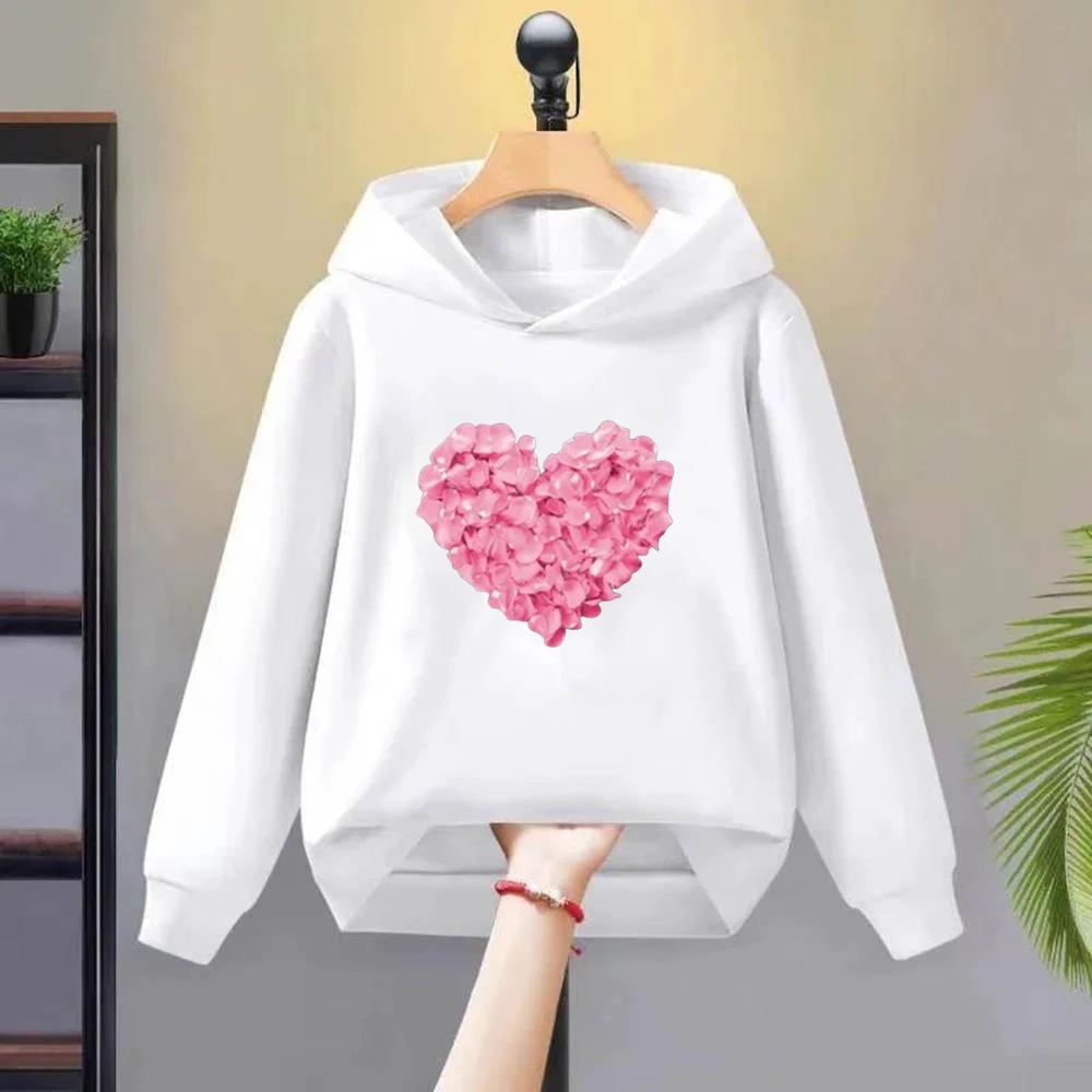 Black Children‘s Hoodie Autumn Winter Warm Clothes Sets For Girls Heart Print Top Coat Daily Causal Sports Loose Lounge Wear
