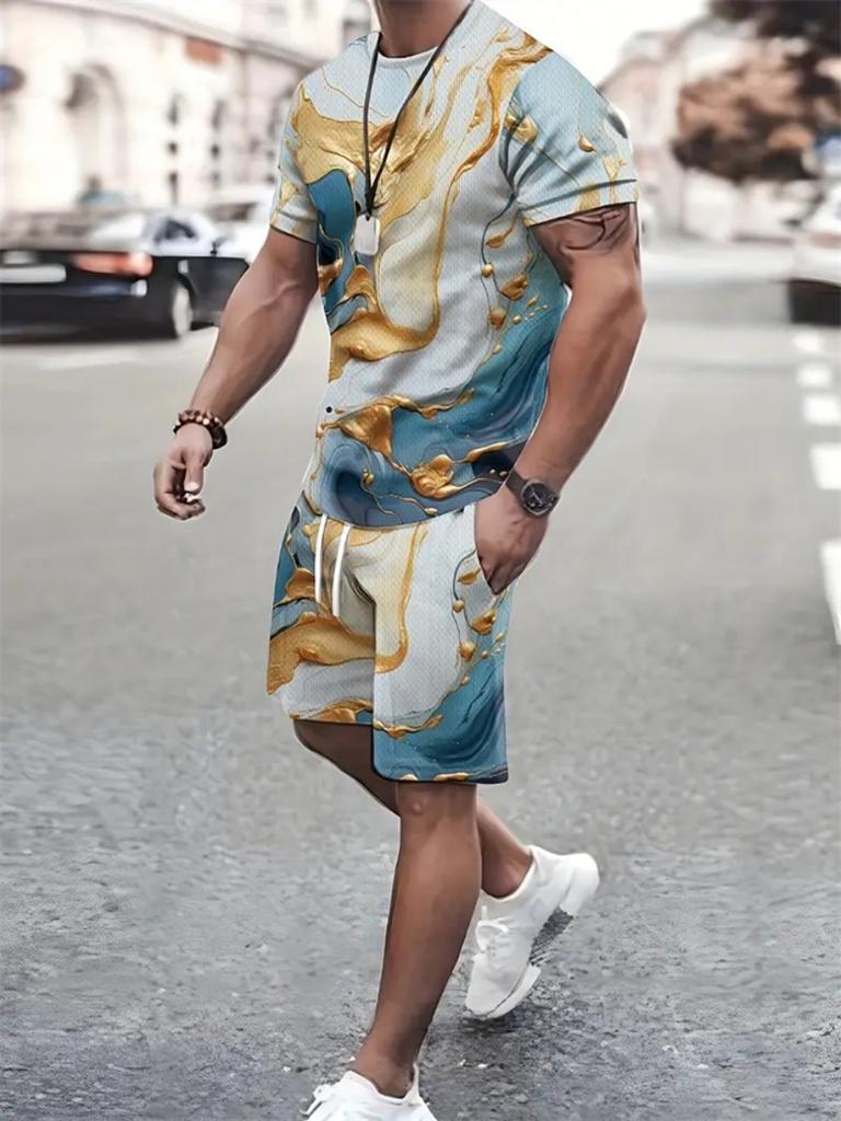 Neuer Mode-Textur 3D-Druck Anzug Herren Übergröße Kleidung Kurzarm Shorts Herren Sportbekleidung Sommer Herren Freizeitanzug