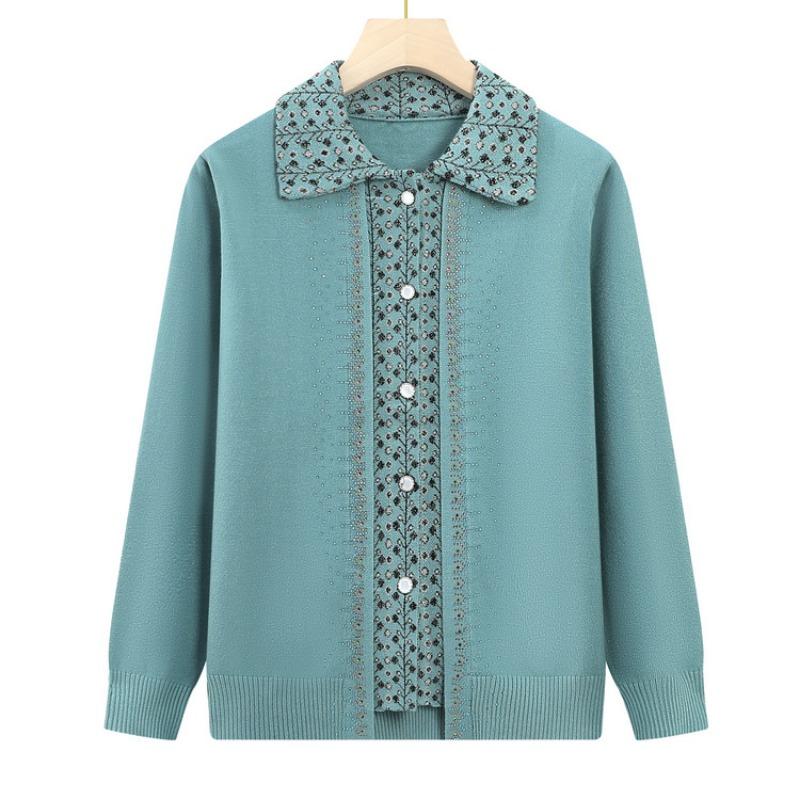 Mamas Herbst-Neuheit Langarm-Strickpullover Oma Lässiger Cardigan mit Kragen Mittel- und Alt-Herbst-Pulloverjacke